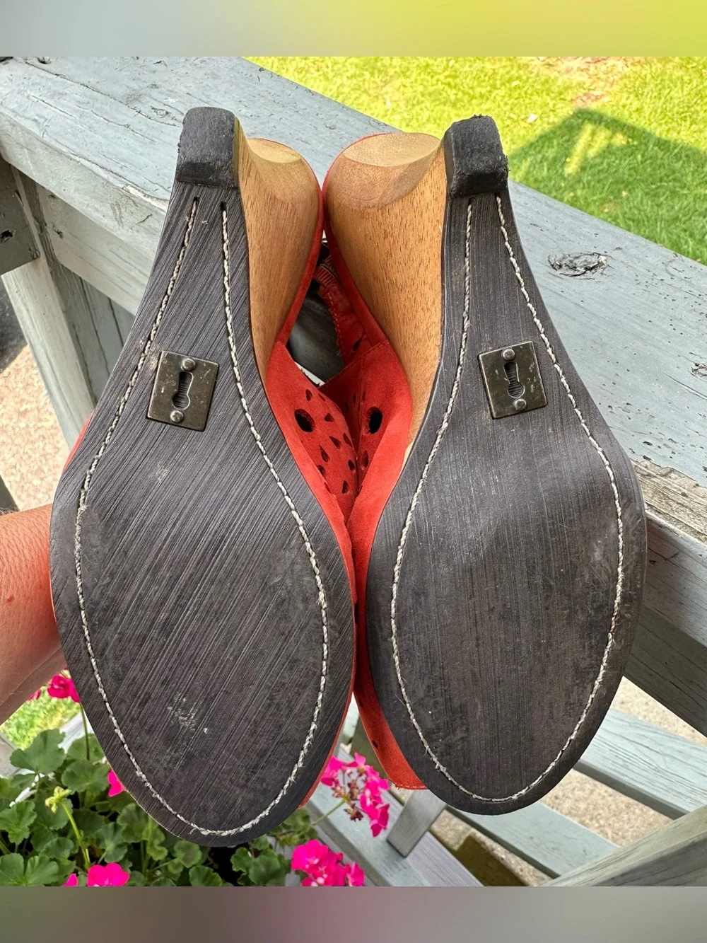SCHULER & SONS PHILA 7.5 Orange Suede Laser-Cut Wedge Sling Back Sandals Wood